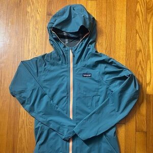 Patagonia Teal Rain Jacket with Orange Accents